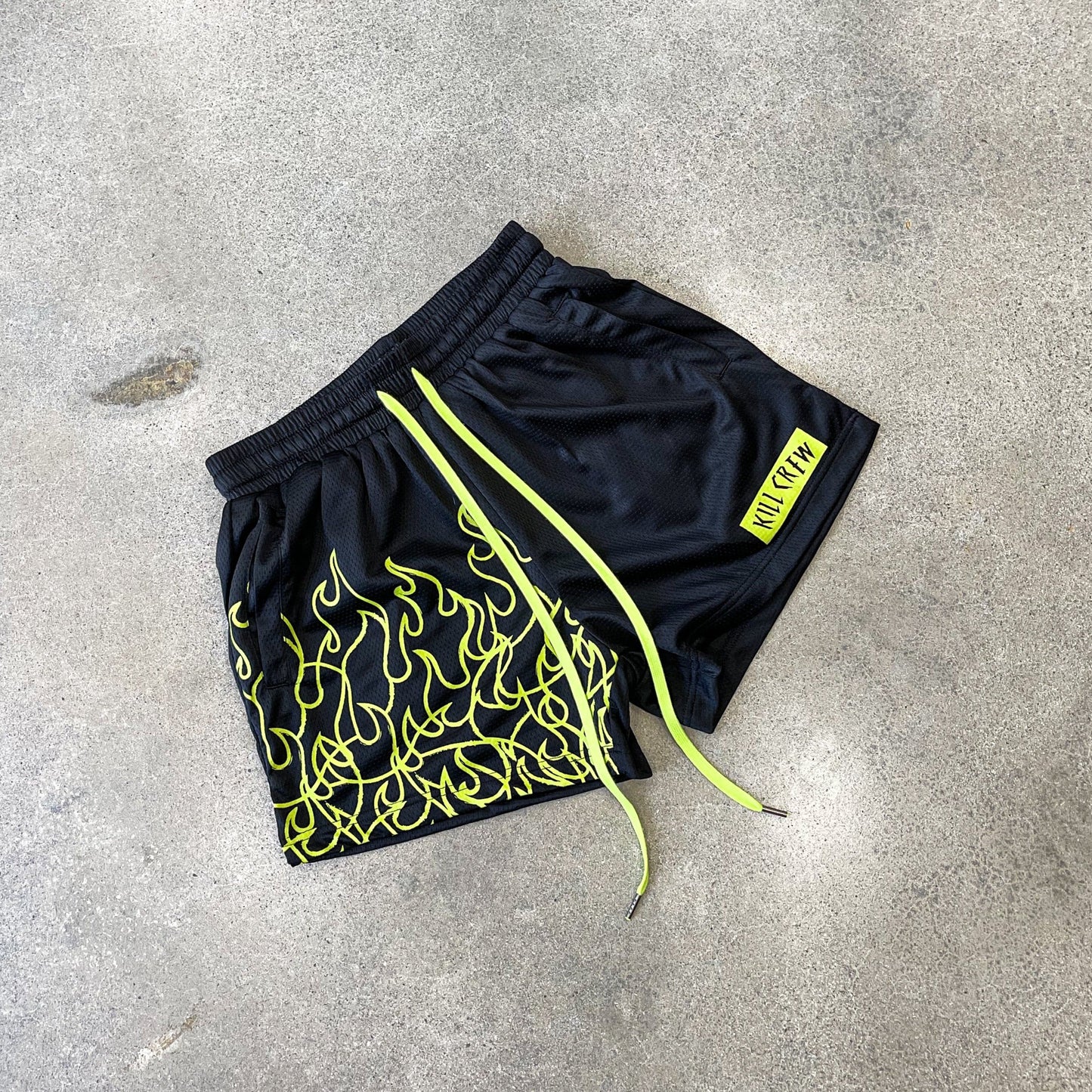 MUAY THAI FLAME SHORTS (MID THIGH CUT) - BLACK / NEON GREEN