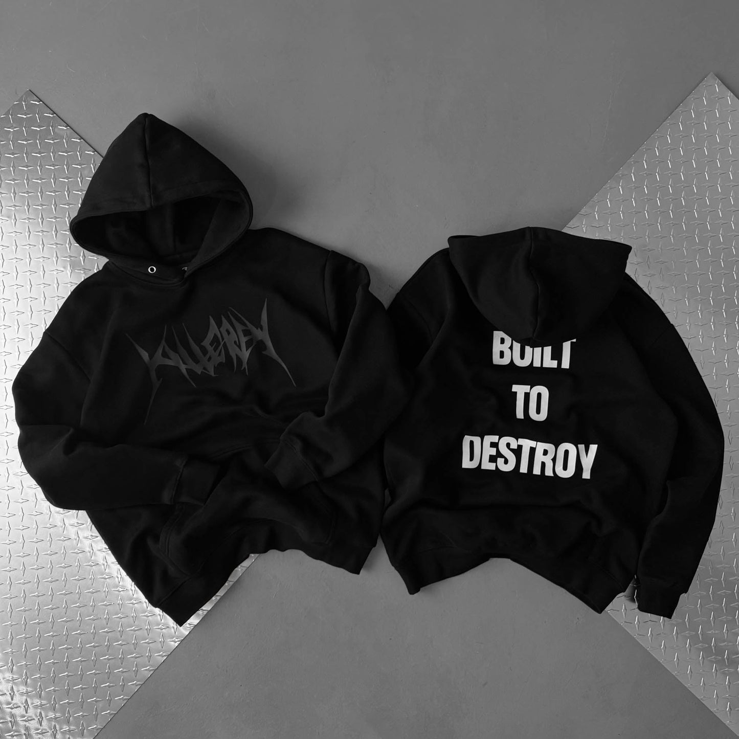 OVERSIZED LUX HOODIE "BUILT TO DESTROY" - BLACK / WHITE
