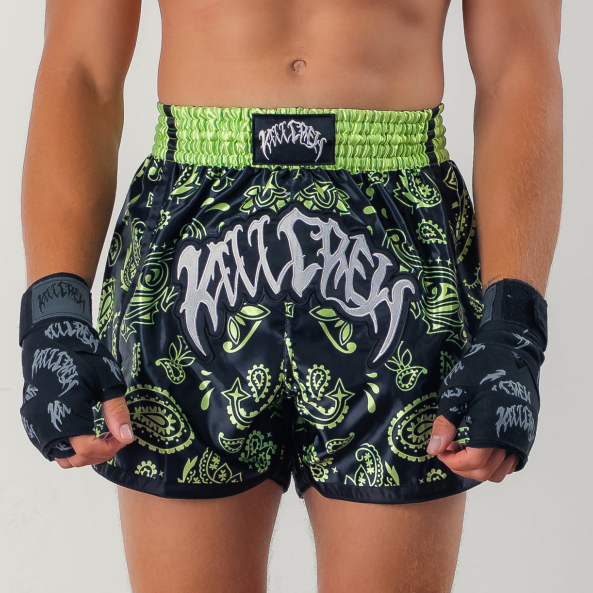 BANDANA FIGHT SHORTS - BLACK / NEON GREEN