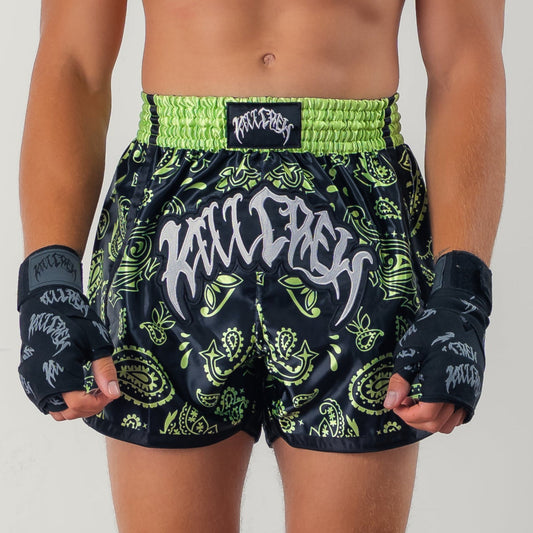 BANDANA FIGHT SHORTS - BLACK / NEON GREEN