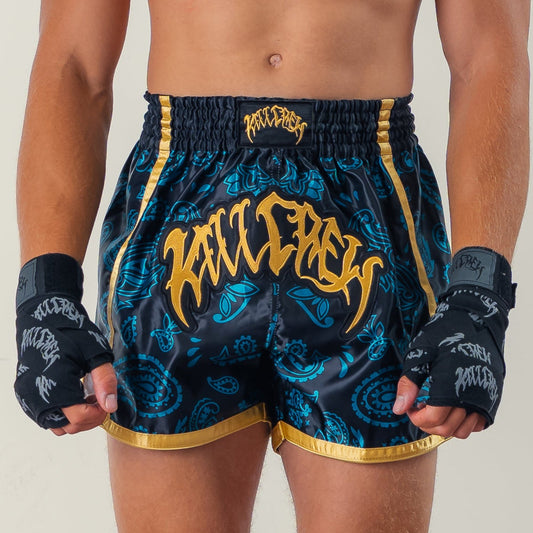 BANDANA FIGHT SHORTS - TEAL / GOLD