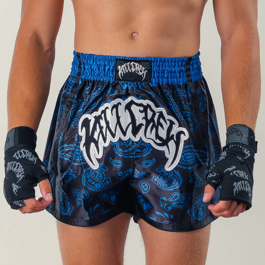 BANDANA FIGHT SHORTS - BLACK / BLUE