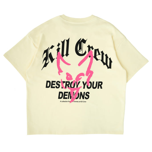 RELAXED FIT NATURAL COTTON "DESTROY" T-SHIRT - CREAM