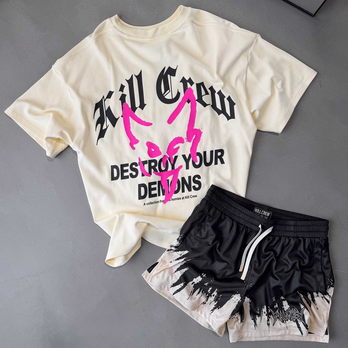 RELAXED FIT NATURAL COTTON "DESTROY" T-SHIRT - CREAM