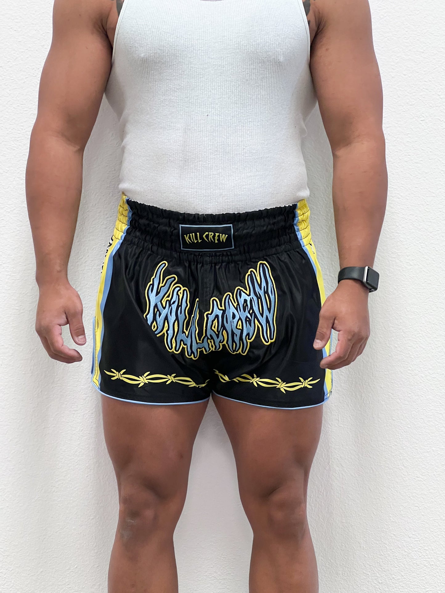 RETRO THAI FIGHT SHORTS - BLACK / YELLOW