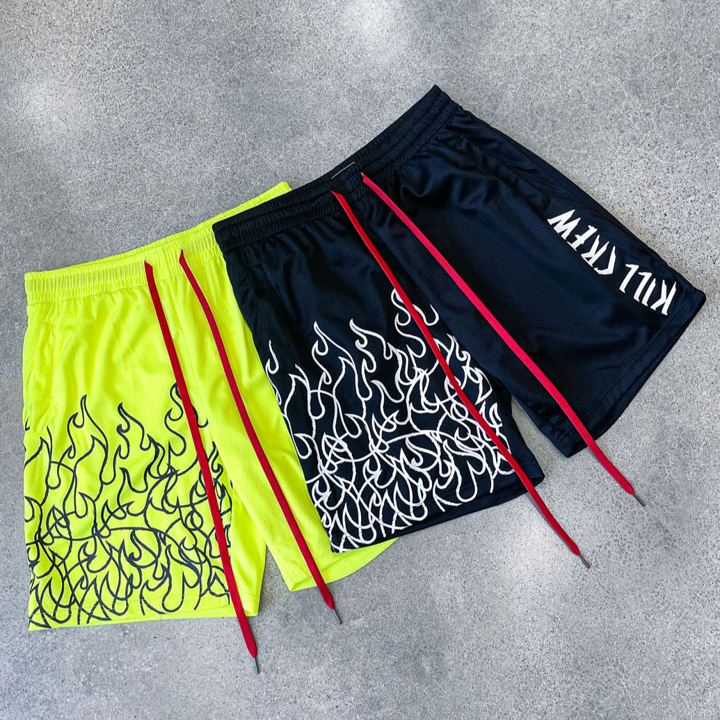 RELAXED CUT FLAME SHORTS - NEON YELLOW / BLACK