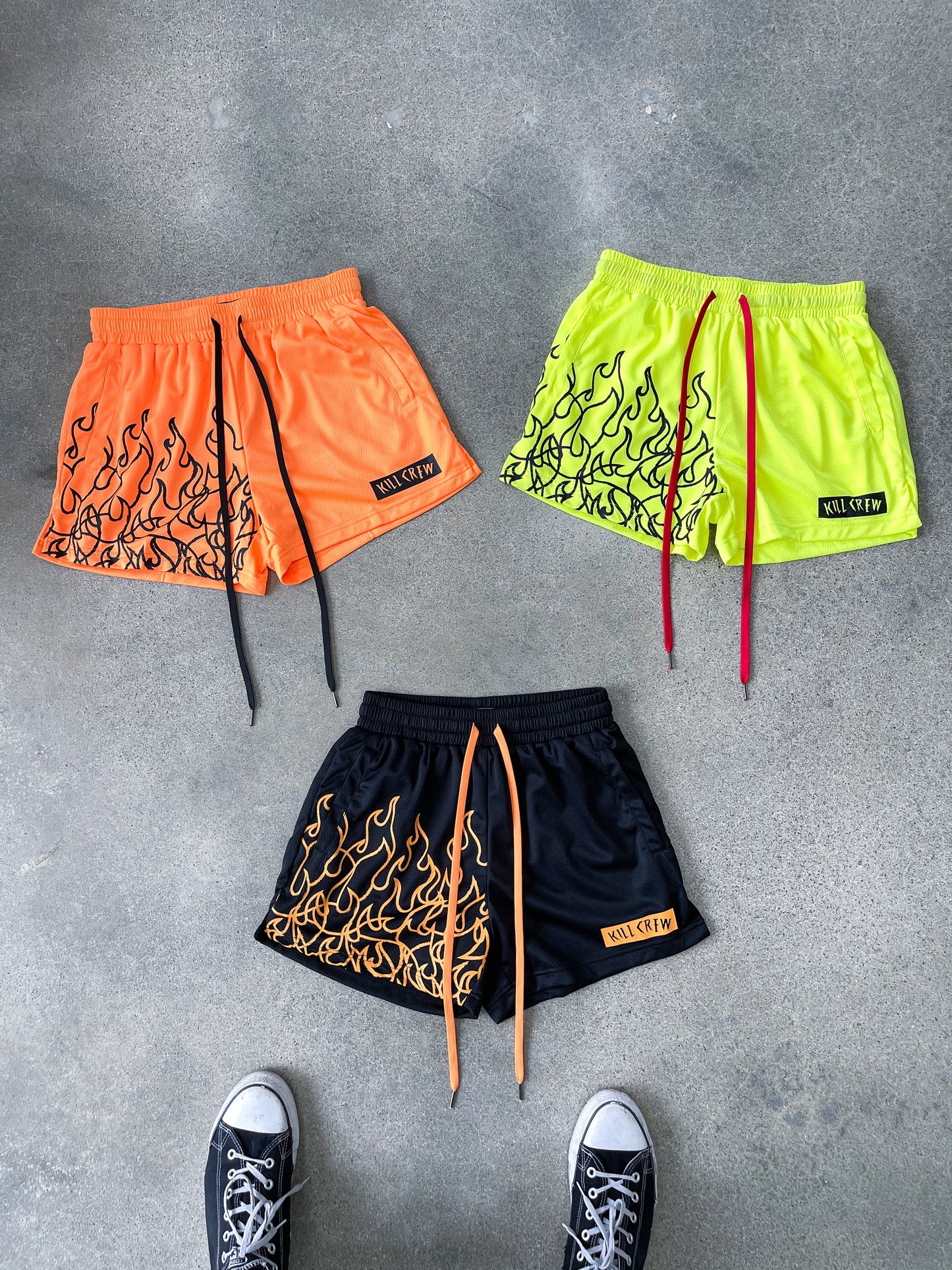 MUAY THAI FLAME SHORTS (MID THIGH CUT) - NEON YELLOW / BLACK