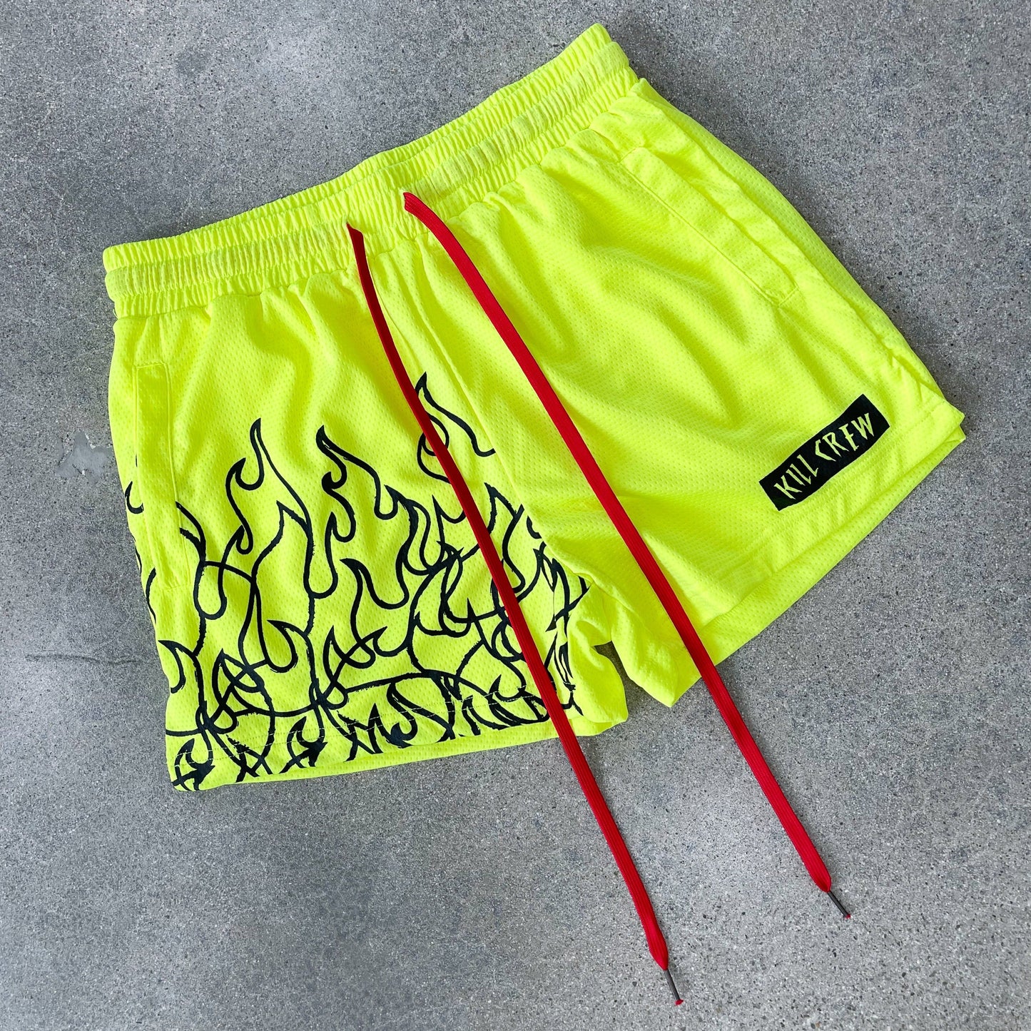 MUAY THAI FLAME SHORTS (MID THIGH CUT) - NEON YELLOW / BLACK