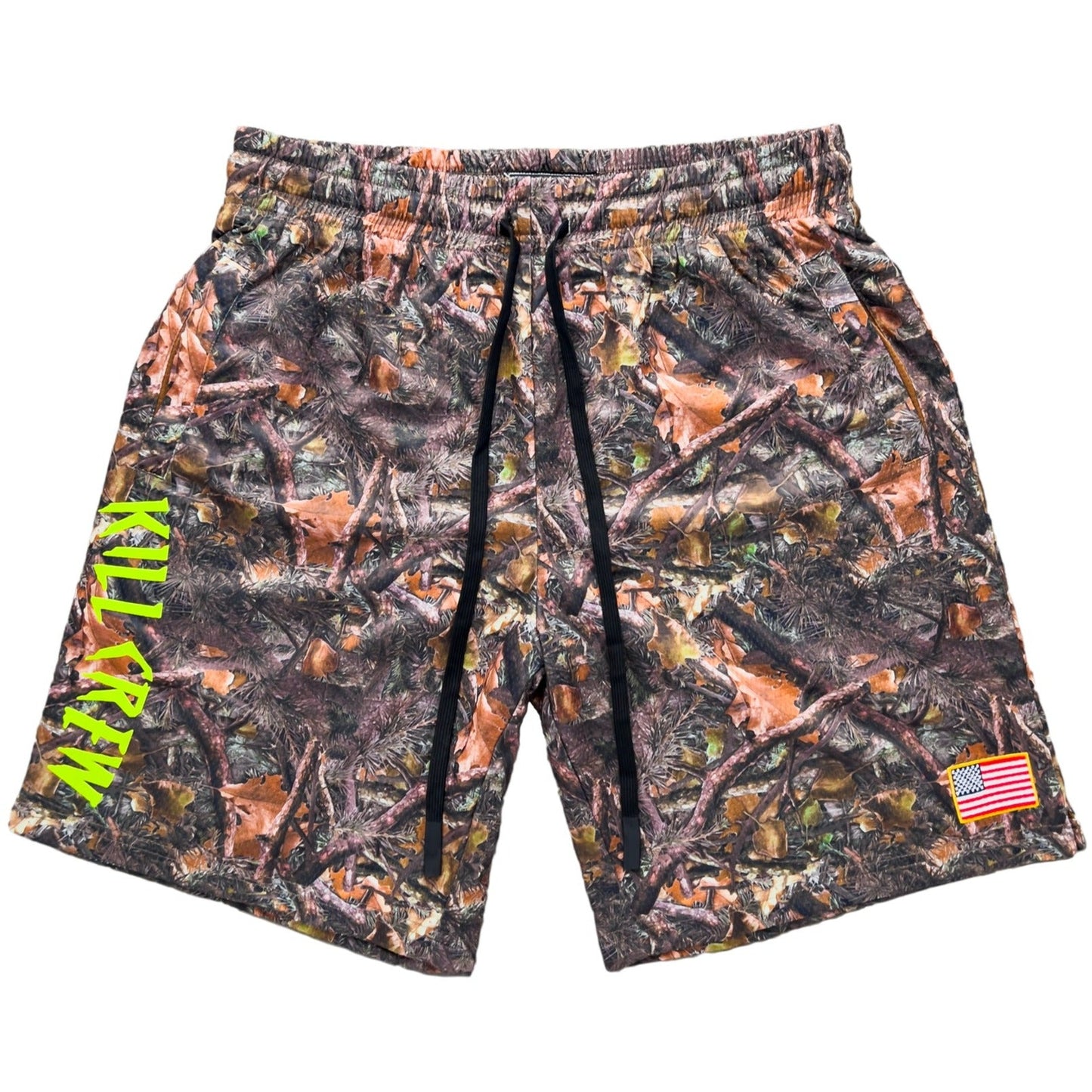 RELAXED CUT EMBROIDERED FLAG SHORTS - CAMO / GREEN