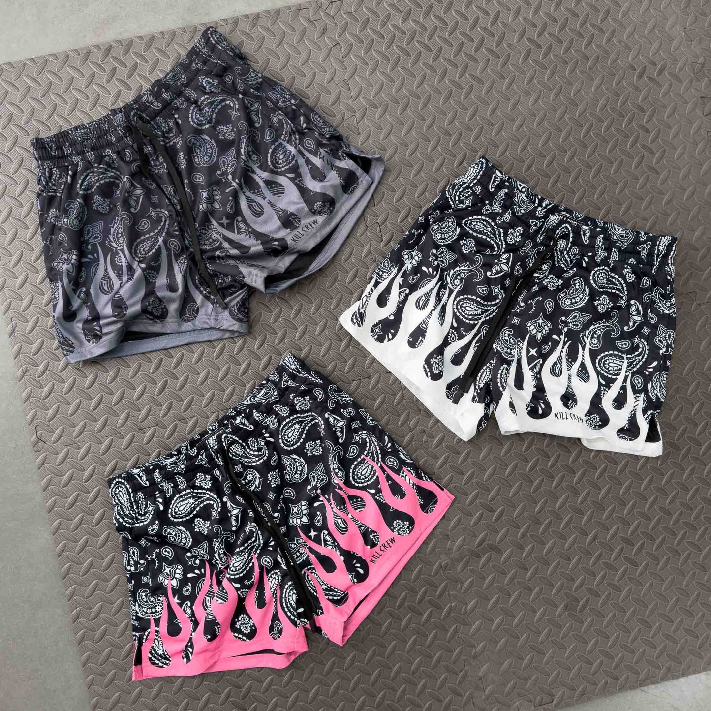 MUAY THAI SHORTS (MID THIGH CUT) BANDANA FLAME - BLACKOUT