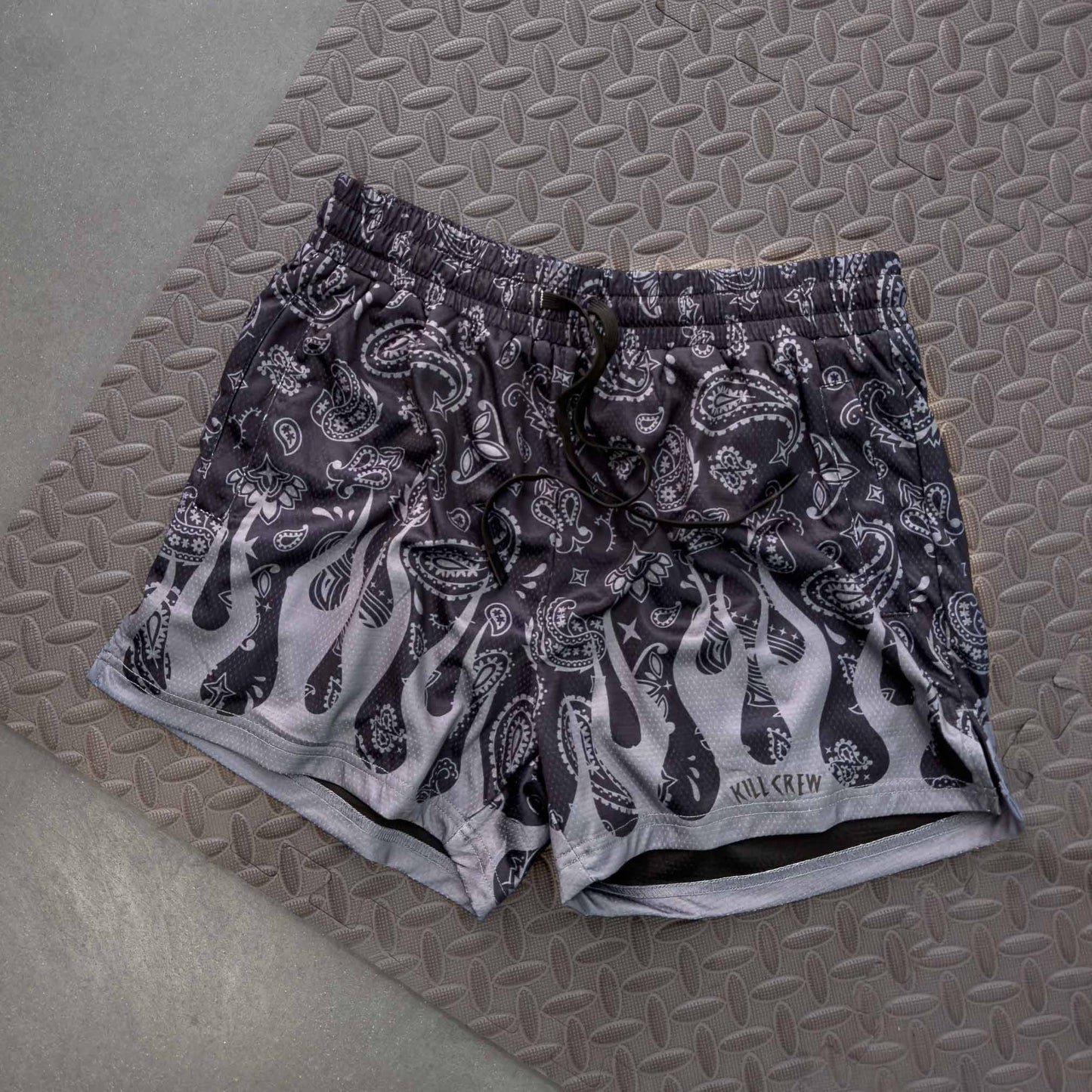 MUAY THAI SHORTS (MID THIGH CUT) BANDANA FLAME - BLACKOUT