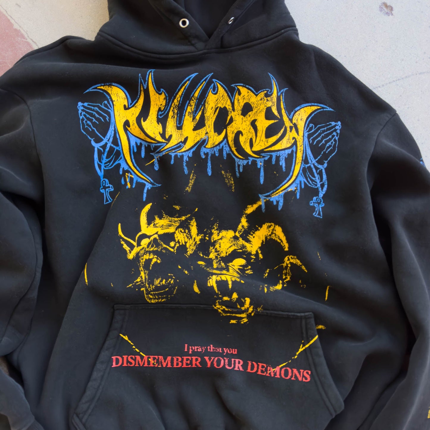 OVERSIZED LUX DISMEMBER YOUR DEMONS HOODIE - BLACK / YELLOW