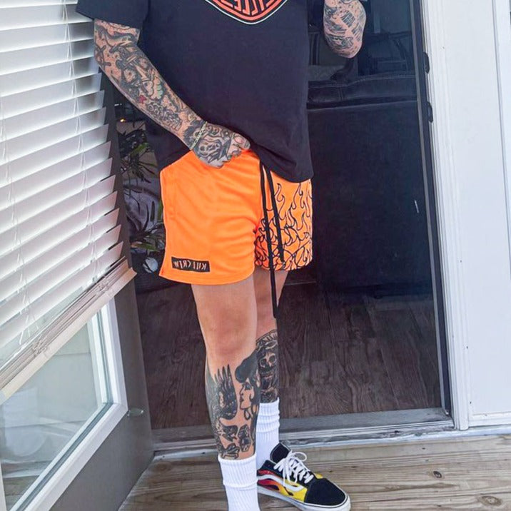 MUAY THAI FLAME SHORTS (MID THIGH CUT) - NEON ORANGE / BLACK