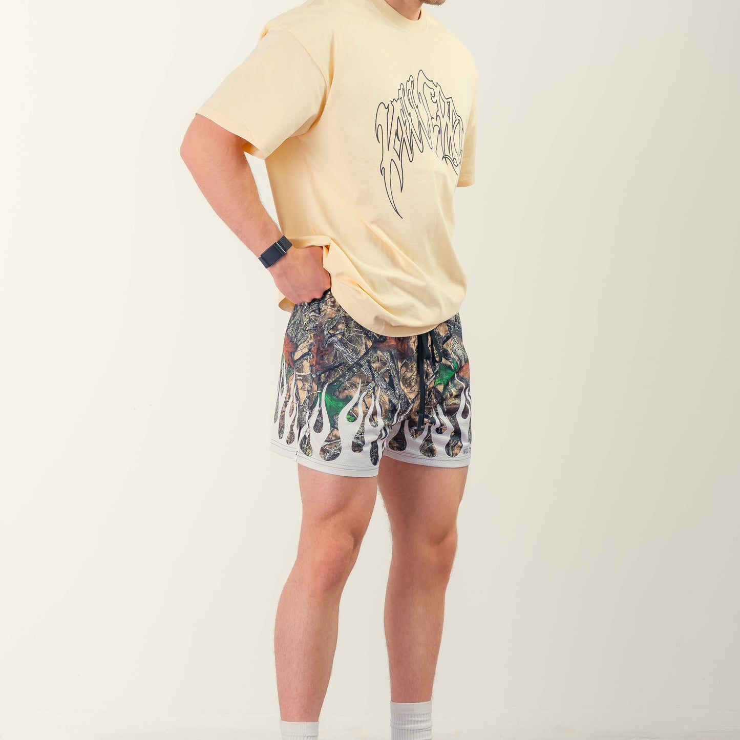 MUAY THAI SHORTS (MID THIGH CUT) WILDFIRE - WHITE