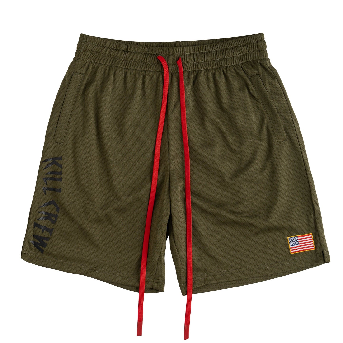 RELAXED CUT EMBROIDERED FLAG SHORTS - OLIVE