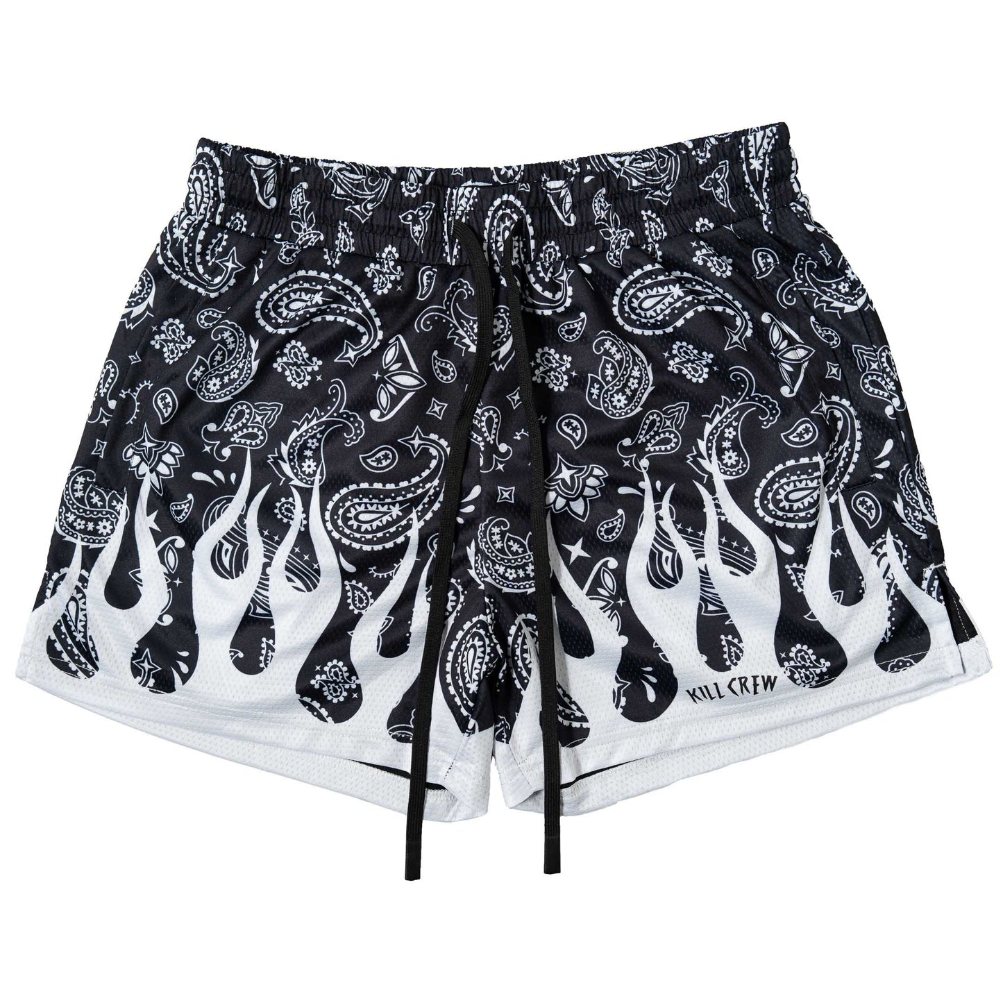MUAY THAI SHORTS (MID THIGH CUT) BANDANA FLAME - BLACK / WHITE