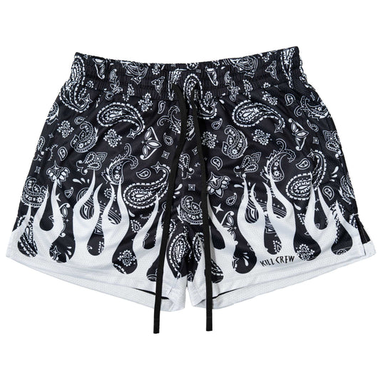 MUAY THAI SHORTS (MID THIGH CUT) BANDANA FLAME - BLACK / WHITE