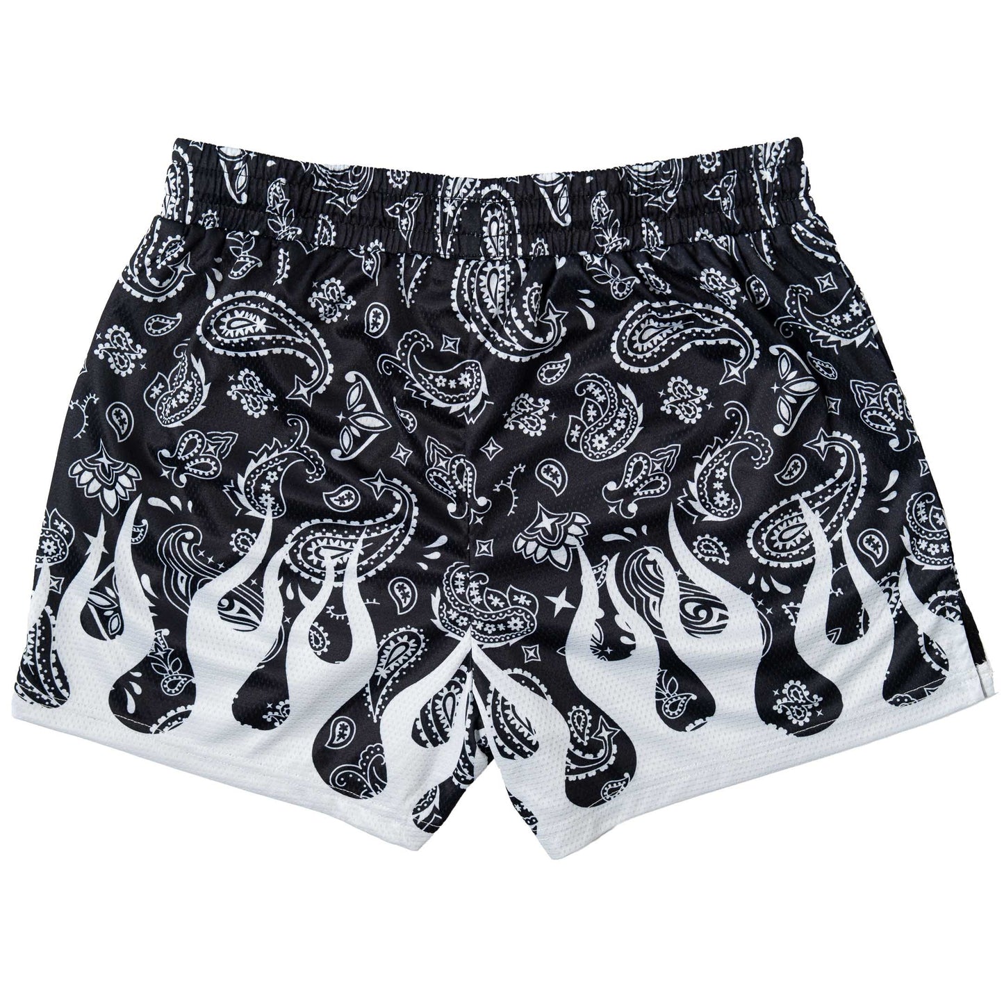 MUAY THAI SHORTS (MID THIGH CUT) BANDANA FLAME - BLACK / WHITE