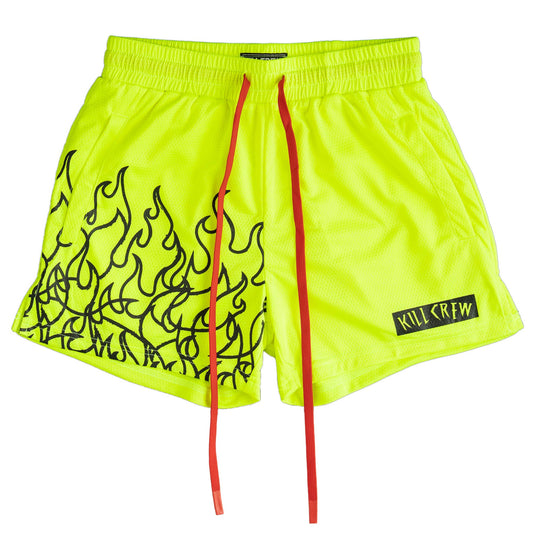 MUAY THAI FLAME SHORTS (MID THIGH CUT) - NEON YELLOW / BLACK